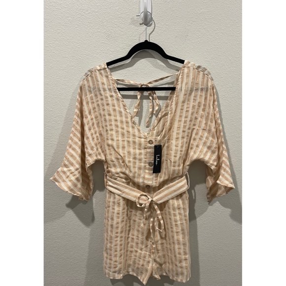 LULUS Weekend At The Beach Tan Striped 3/4 Sleeve Romper - Picture 3 of 7